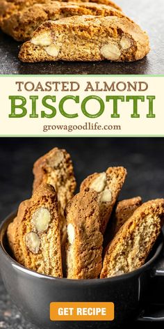 toasted almond biscotti in a pan with text overlay