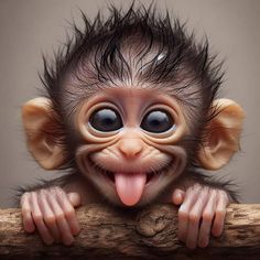 a baby monkey sticking its tongue out from behind a tree branch with it's eyes wide open