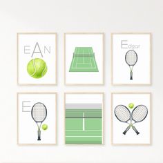 four tennis posters are hanging on the wall in front of a white chair and table