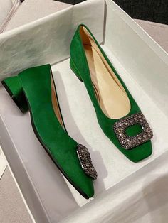 Fashionable Classic Suede Chunky Heel Square Toe Pumps With Full Rhinestone Buckle Detailing For Women Green Preppy    Plain    Women Shoes, size features are:Bust: ,Length: ,Sleeve Length: Apricot Heels, Hak Tinggi, Mid Heel Shoes, Suede High Heels, Pink Heels, Heel Type, Mid Heel, Dress Romper, Womens High Heels