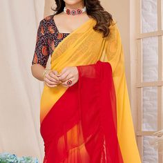 Red & Yellow colored saree is made from georgette fabric which is highlighted with beautiful printed work as shown. comes along unstitched digital printed georgette blouse piece which you can customise as per your design/style. Occasion - You can wear this saree for party, functions and ideal for any fashionista. Note:- The actual product may differ slightly in color and design from the one illustrated in the images when compared with computer or mobile screen. Measurements: Saree : Georgette : Saree For Party, Saree Georgette, Yellow Ombre, Ruffle Saree, Georgette Blouse, Mobile Screen, Georgette Fabric, Blouse Piece, Design Style