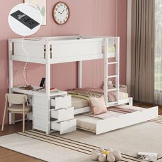 a white bunk bed sitting next to a desk and chair in a room with pink walls