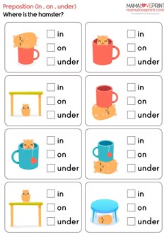 worksheet for the preposition in english with pictures and words to help students understand what they are doing