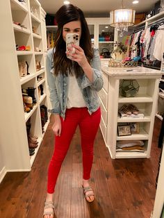 We're back at it again with the red but we really do think if you don't have a pair of red jeans, you should. We love the look of red jeans with white or chambray. It's also really easy to transition into fall. Still don't believe us? Search red jeans on Pinterest or Google and get ready to be totally inspired! Jeans have a 10.5" rise with a 28" inseam. These are a junior fit and we recommend the following sizing: 1/25, 3/26, 5/27, 7/28, 9/29, 11/30, and 13/31. Heather is a 4 and 5'6" wearing th Casual Red High-rise Jeans, Casual Red Denim Jeans, Red Cotton Jeans, Red Jeans Outfit, Fitted Red Cotton Jeans, Red Non-stretch Trendy Jeans, Skirt Extender, Back At It Again, Deodorant Stains