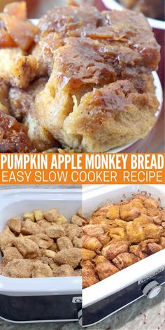 uncooked monkey bread in crock pot and cooked monkey bread in bowl Pumpkin In Crockpot, Apple And Pumpkin Recipes, Crock Pot Monkey Bread, Monkey Bread From Scratch, Rockcrok Recipes, Apple Monkey Bread, Pumpkin Monkey Bread, Pumpkin Crockpot