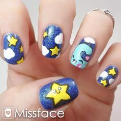 Night night nails Space Nails, Sky Nails, Finger Nail Art, Pretty Nail Art, Nail Art Inspiration, Easy Nail Art, Hair And Nails