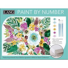 the paint by number kit is shown with flowers and leaves on it's front