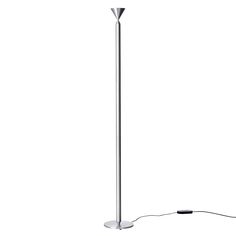 a white floor lamp with a black cord attached to the base and one light on each side