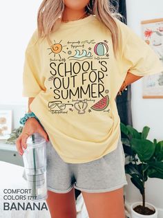 "Last Day Of School Shirt, School's Out For Summer, End Of School Year, Goodbye School Tee, Hello Summer Vacation, Teacher Appreciation Gift HOW TO ORDER ➀ Select color ➁ Select the size (Please check size chart) ✦ True to size. Size up 1-2 sizes for an oversized look. ➂ Add to cart ✦ (Optional) \"Add message to Seller\" on the checkout page. GARMENT FEATURES ✦ Crew neckline ✦ Direct to garment printing - no vinyl, decal, or iron-on technique ✦ Our designs are printed on the garment to last a long time and may not appear as 'glossy' or saturated as iron-on designs are. ✦ Please note that colors may appear different on different digital screens and may not be a true representation of the actual colors. ✦ Additional T-Shirt Colors and Sizes Available Upon Request ✧✧Brands: Bella Canvas Unise Summer School Spirit Tops, Summer School Spirit Graphic Print Tops, School Spirit Graphic Print Tops For Summer, Summer Graphic Print Tops For School Spirit, Summer Tops With Lettering In Relaxed Fit, Summer Tops With Lettering, Relaxed Fit, Relaxed Fit Tops With Lettering For Summer, Relaxed Fit Summer Tops With Lettering, Summer School Slogan Tops