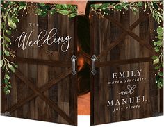 an open wooden door with the words wedding on it and greenery around it, in front of a woman's face