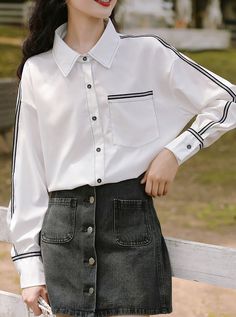 Smart casual Front pocket Black lining detail Long sleeves Korean Blouses, Korean Shirts, Yellow Plaid Shirt, Fashion Chingu, Buttoned Shirt, Leopard Print Shirt, Striped Short Sleeve Shirt, Black And White Shirt, White Long Sleeve Shirt