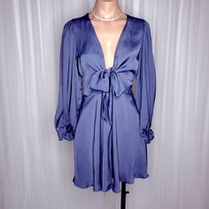 New With Tags Chic Blue V-neck Dress, Chic Blue Mini Dress For Evening, Chic Blue Mini Dress For Night Out, Chic Blue Knee-length Mini Dress, Blue Long Sleeve Dressy Dress, Blue Dressy Mini Dress For Evening, Dressy Long Sleeve Blue Dress, Chic Blue Mini Dress For Date Night, Dressy Blue Long Sleeve Dress