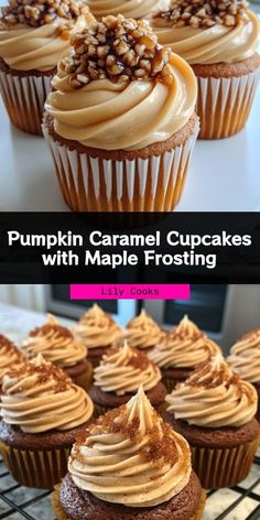 pumpkin caramel cupcakes with maple frosting on top and in the middle