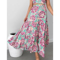 Fuchsia Floral Print Pocketed Maxi Skirt Long Beach Skirt, Ruffle Long Skirt, Long Hippie Skirts, Ruffle Maxi Skirt, Hippie Skirts, High Waisted Maxi Skirt, Long Skirts For Women, Beach Skirt, Boho Skirts