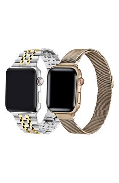 Refine your Apple Watch with this elegant band set that includes an adjustable mesh strap and timeless two-tone bracelet. Pack of 2 assorted bands Apple watch not included Compatible with all Apple Watch series Deployant clasp closure; self-adjustable band Stainless steel/goldtone plate Imported Apple Watch Stainless Steel, Gold Apple Watch, Bracelet Pack, Apple Watch 38mm, Apple Watch Strap, Stainless Steel Band, Apple Watch Series, Watch Strap, Apple Watch Bands