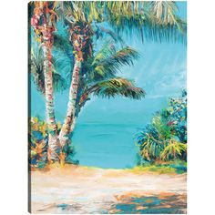 a painting of palm trees on the beach with blue water in the backgroud