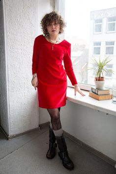 Vintage 70's red velvet midi long sleeved zip fastening on the back dress. UK size written 12, but looks flexible. Model size on the photo is 10. Measurements: length 37 inches, sleeve 21 inches, chest 39 inches, waist 32.5 inches, hips 40 inches. Fitted Red Velvet Long Sleeve Dress, Red Fitted Velvet Dress With Long Sleeves, Red Fitted Velvet Dress For Fall, Red Fitted Velvet Dress For Winter, Fitted Red Velvet Winter Dress, Red Velvet Long Sleeve Dress For Fall, Red Velvet Long Sleeve Evening Dress, Red Velvet Dress For Winter, Red Long Sleeve Vintage Midi Dress