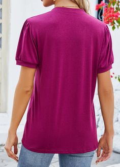 Purple V-neck Solid Top, Purple V-neck Top, Purple V-neck Solid Color Top, Pink Short Sleeve Solid Color Top, Purple Solid Cotton Top, Purple Solid Color Cotton Top, Purple Plain Short Sleeve Top, Purple Short Sleeve Top, Red Solid Color Cotton Tops