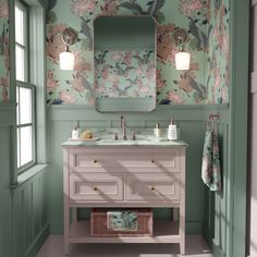 a bathroom with floral wallpaper and a pink vanity in front of a large mirror