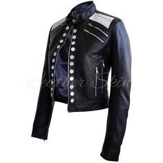 If you are a My Chemical Romance fan, you will instantly understand from where we drew our inspiration for this underground leather jacket. So paint it black and take it back with this hot piece at a laughably low price at Leather Skin Shop today. The Black Parade inspired women black leather jacket with white diamond buttons is one of our favorite pieces under women’s fashion at Leather Skin Shop. Featuring huge, diamond white buttons at the front, this is a visual representation of contemporar Women Black Leather Jacket, The Black Parade, Paint It Black, Studded Leather Jacket, White Leather Jacket, Black Leather Biker Jacket, Mens Black Jacket, Black Parade, Take It Back