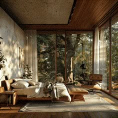 a bedroom with wood floors and large windows on the wall, along with a bed