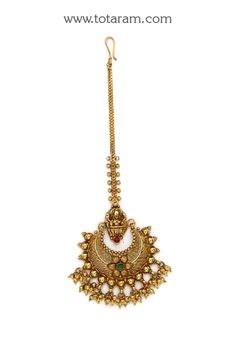 22 Karat Gold 'Lakshmi' Maang Tikka - Papidi Billa with Beads (Temple Jewellery) - 235-GT445 - in 10.900 Grams for USD $936.39. 
Made in India by Totaram Jewelers Online this product is in Gold - 22 Karat BIS Hallmark 916 KDM Gold  & is an excellent gift for Adult - Women. Ships fully insured with secured guaranteed delivery for free with your order over $250 from New Jersey USA & comes with 30 days exchange policy. Maangtika Designs In Gold, Mang Tika Jewelry Gold, Mang Tikka Gold, Papidi Billa, Tika Jewelry, Mang Tika, Mang Tikka, Locket Design, Maang Tikka