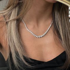 14kt White Gold Lab Grown Diamond Graduated Tennis Necklace: Round lab grown diamonds Graduated in size Length: 16" Yellow Diamond Necklace, 2024 Moodboard, White Diamond Necklace, White Diamond Earrings, Diamond Tennis Necklace, Yellow Diamond Rings, Diamond Jewelry Necklace, Bridal Engagement Rings, Emerald Necklace