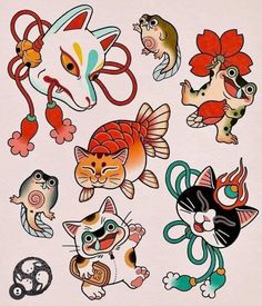 an assortment of cartoon cats and fish stickers on a white background with chinese characters