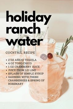 a recipe for a holiday ranch water cocktail with a image of the pink cocktail in crystal glasses displayed behind the recipe Progressive Dinner Party, Festive Cocktail Recipes, Progressive Dinner, Round Robin, Festive Cocktails, Holiday Cocktail