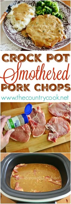 the crock pot smothered pork chops are ready to be cooked in the slow cooker