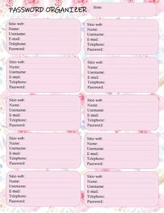 a pink and white printable planner with the words,'password organizer '