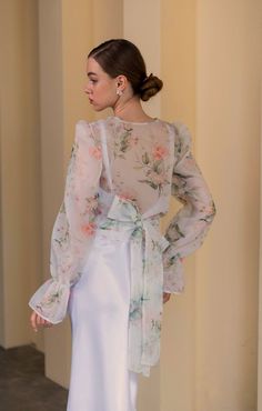 Feminine Wedding Blouse With Sheer Sleeves, White Organza Blouse For Evening, Chic Sheer Blouse For Wedding, Feminine Spring Wedding Blouse, White Organza Blouse For Wedding, Feminine White Blouse For Wedding, White Blouse For Spring Wedding, White Spring Wedding Blouse, Spring Wedding White Blouse