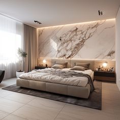 a bedroom with marble walls and flooring is shown in this modern interior design style