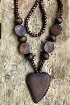 Chunky Dark Brown Wood Heart Long Statement Boho Lagenlook Necklace - Etsy Brown Heart-shaped Bohemian Necklace, Brown Bohemian Heart Necklaces, Bohemian Brown Heart-shaped Necklace, Brown Heart Shaped Jewelry With Heart Beads, Cocoon Dress, Dress Up Jeans, Lagenlook Style, Jeans T Shirt, Wood Hearts