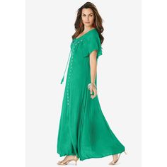 This lightweight crinkle maxi effortlessly flows over curves with an oversized a-line silhouette and features an embroidered scoop neckline with tassels and scallop trim at hem. Green Crinkle Texture Dress For Summer, Short Sleeve Crinkle Texture Beach Dress, Beach Dresses With Crinkle Texture And Short Sleeves, Beach Dresses With Crinkle Texture, Green Crinkle Texture Dress For Spring, Casual Crinkle Texture Maxi Dress For Spring, Flowy Crinkle Texture Beach Dress, Flowy Crinkle Texture Dress For Beach, Beach Maxi Dress With Crinkle Texture