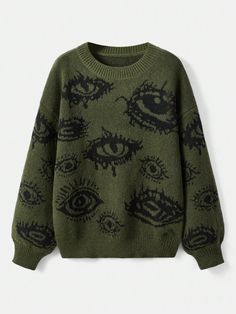 Plus Eye Pattern Drop Shoulder Sweater, School, For Winter Multicolor Casual  Long Sleeve Knitwear Graphic Pullovers Slight Stretch  Women Plus Clothing, size features are:Bust: ,Length: ,Sleeve Length: Y2k Long Sleeve, Pullover Outfit, Long Sleeve Pullover Sweater, Drop Shoulder Sweaters, Grunge Punk, Plus Size Kleidung, Winter Outfits Women, An Eye, Winter Sweaters