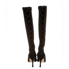 Black Suede Manolo Blahnik Pointed-Toe Knee-High Boots With Tonal Stitching, Cutouts At Shafts, Covered Heels And Zip Closures At Sides. Heel 3.25” Shaft 15” Calf Circumference 14” But Stretching Manolo Blahnik Black, Blahnik Shoes, Manolo Blahnik Shoes, Shoes Black, Manolo Blahnik, Shoes Heels Boots, Knee High Boots, High Boots, Black Suede