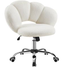 a white office chair with wheels and wheels on the back, in front of a white background