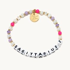 A beaded bracelet with the word Sagittarius, from Little Words Project®. Unique Beaded Bracelet, Stay True To Yourself, Mama Bracelet, Acrylic Bracelet, Everyday Handbag, Trending Bracelets, Sagittarius Zodiac, True To Yourself, Sagittarius And Capricorn