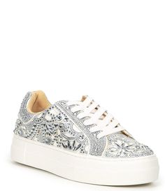 From Blue by Betsey Johnson&#x2C; the Reily Rhinestone Platform Sneakers feature:Fabric upper with allover rhinestone embellishmentsLace up closureSynthetic liningSynthetic outsoleApprox. 1" platform heightImported. Spring Silver Sneakers With Rhinestones, Silver Rhinestone Sneakers For Spring, Silver Sneakers With Rhinestones For Spring, Cute Platform Sneakers, Diamond Sneakers, Fancy Sneakers, Bride Sneakers, Rhinestone Sneakers, Bridal Sneakers