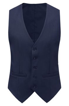 Bring understated elegance to the table in this three-piece suit crafted from rich fabric in a classic single-breasted silhouette. Jacket has notched lapels; chest welt pocket; front flap pockets Vest has front button closure; V-neck Pants have zip fly with button closure; front slant pockets; back button-welt pockets Jacket and vest are lined; trousers are lined to the knee 65% polyester, 35% viscose Dry clean Imported Each suit has a 6” drop, meaning that a size 38R jacket is paired with size Elegant Business Sets With Button Closure, Semi-formal Single-breasted Vest With Lapel Collar, Sleeveless Single Breasted Blazer For Business, Sleeveless Single-breasted Business Blazer, Classic Lapel Collar Vest For Workwear, Tailored Business Vest With Button Closure, Classic Vest With Lapel Collar For Workwear, Tailored Single Button Vest For Semi-formal Occasions, Classic Office Vest With Pockets