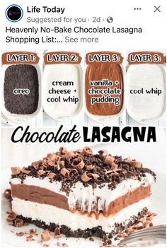 an advertisement for chocolate lasagna on facebook