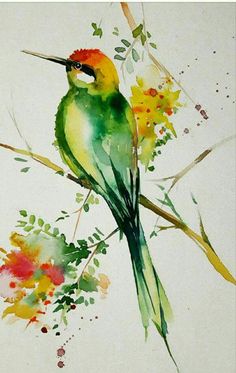 a painting of a bird sitting on top of a tree branch