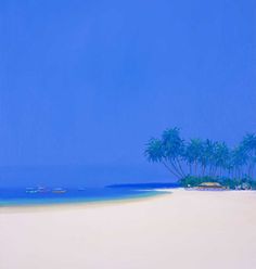 an oil painting of a beach with palm trees