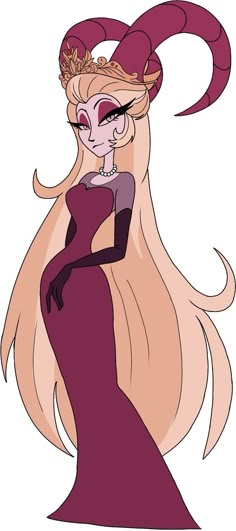 a drawing of a woman with horns on her head and long hair, wearing a purple dress