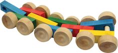 a wooden toy train with multiple colors on it's wheels and four smaller ones in the same row