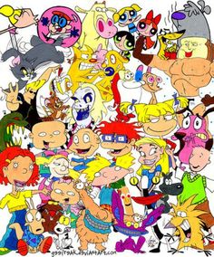 a bunch of cartoon characters are grouped together