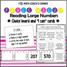 the place value cards for reading large numbers are shown in pink and white striped paper