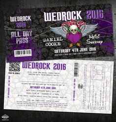 the ticket for wed rock 2013 is shown in purple and white with an image of a skull on it