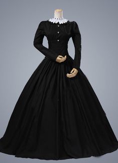 Lower Class Victorian Dress, Gothic Black Costume Dress, Black Dress For Fall Cosplay, Black Fall Cosplay Dress, Vintage Black Dress For Costume Party, Gothic Black Vintage Dress For Party, Black Witchy Dress For Cosplay, Long Sleeve Vintage Dress For Halloween, Black Long Sleeve Vintage Dress For Costume Party